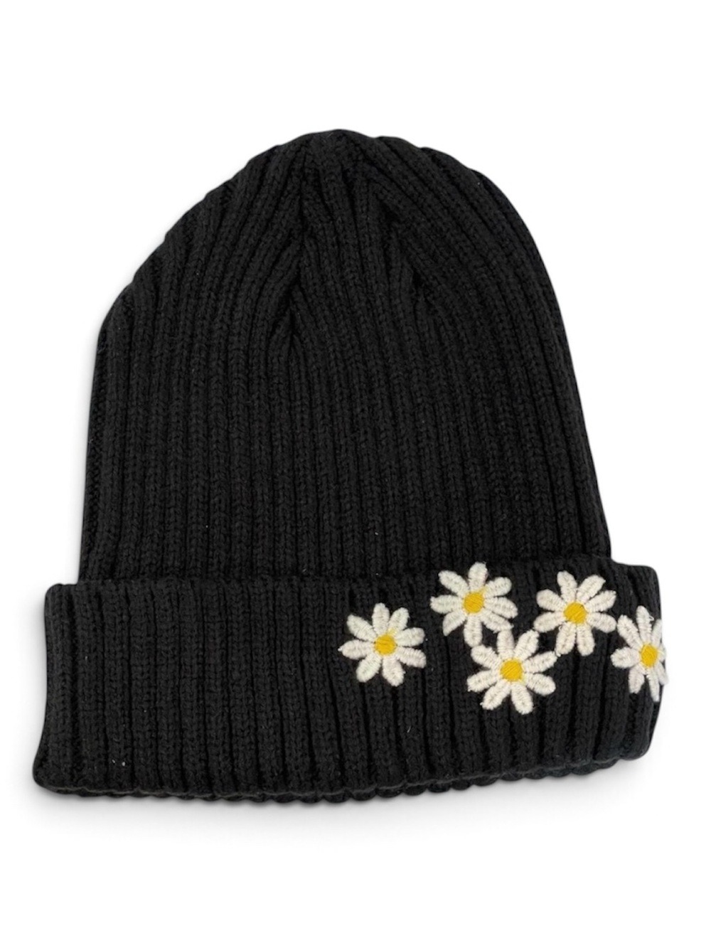 Black Knit Beanie with Dasies